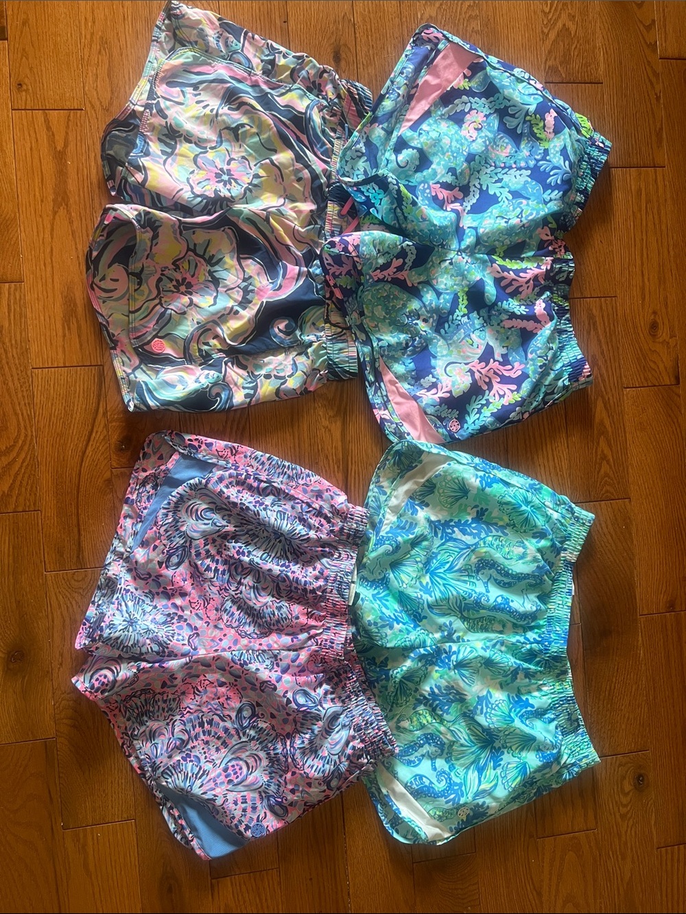 Lilly Pulitzer Vibrant Multi-Print Athletic Shorts — Blue, Pink, Green
